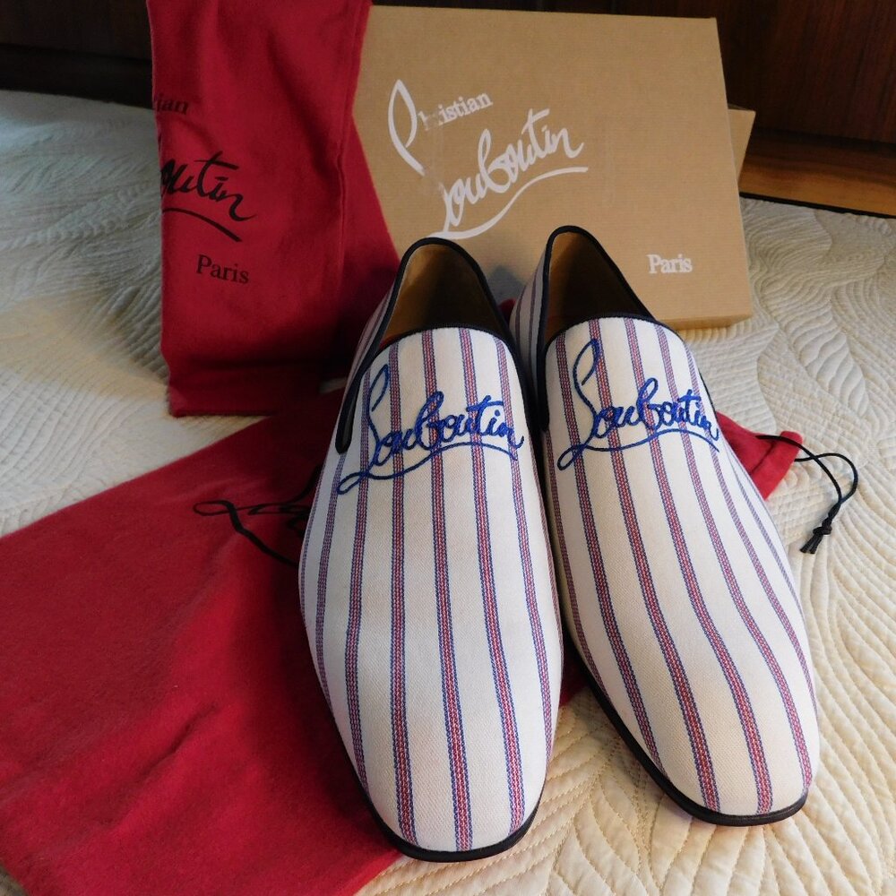 NIB Louboutin Dandelion slip on embroidered loafer Pic Nic stripe toile flat 43 - Picture 11 of 16